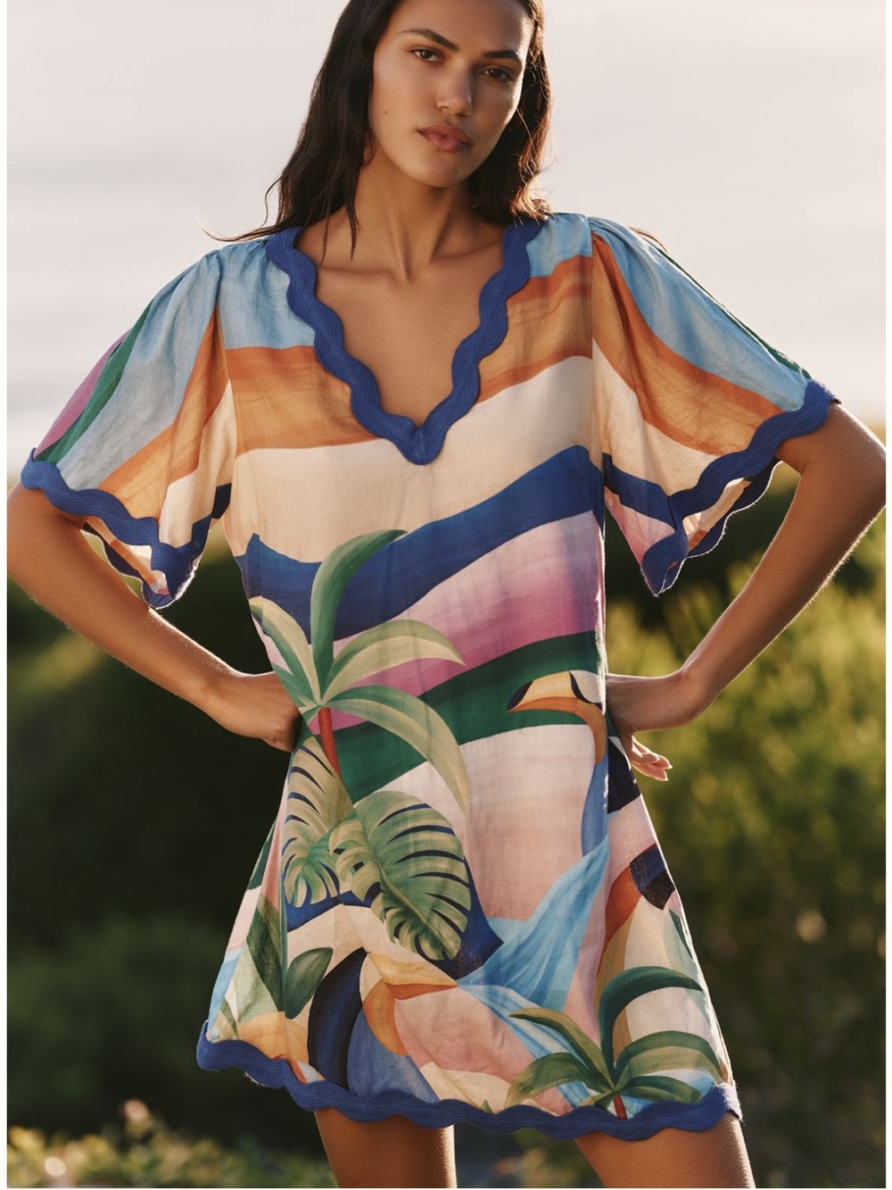 New FARM Rio x Anthropologie Mountain of Toucans Scalloped Mini Dress